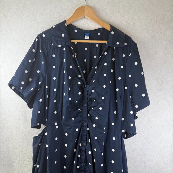 Old Navy Women's Shirt Dress Midi Polka Dot Cut Out Sides Button Front Navy 3X - Picture 3 of 14